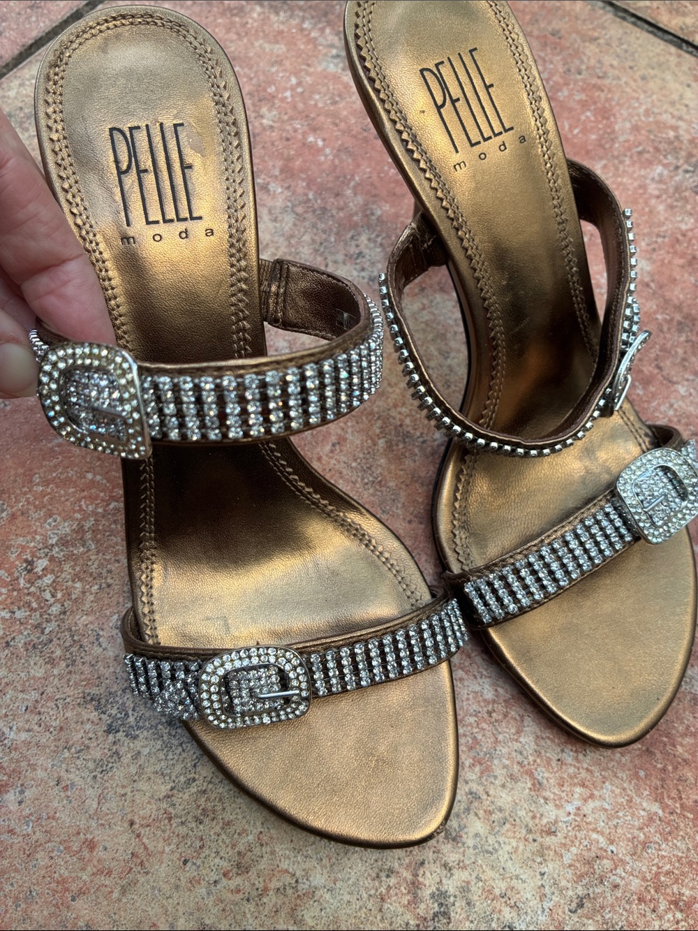 Pelle Moda Metallic Bronze Rhinestone Buckle Heels